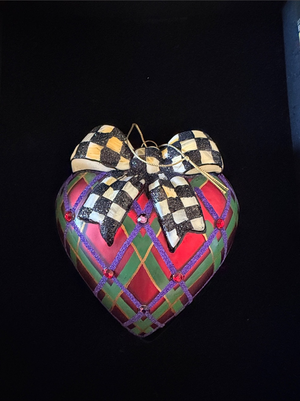 MacKenzie Childs Tartan Heart Ornament Checkerboard Bow - Festive Plaid Design